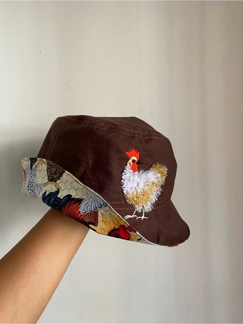 Hand Crafted Brown Bucket Hat with Embroidered Chicken